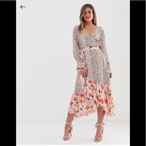 COPY - ASOS Mixed Print Cheetah Floral Pink MIDI High-Low dress with printed tie